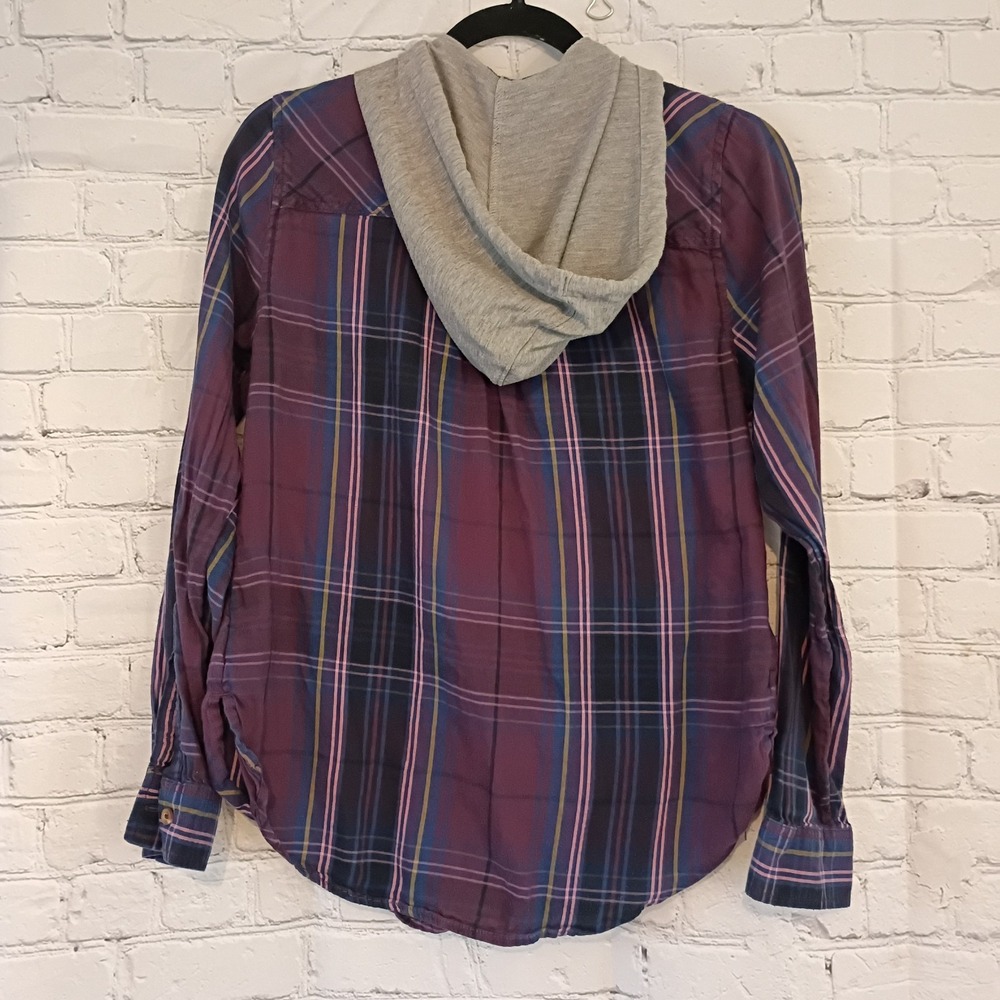 Womens MUDD Button Down Flannel Shirt With Hood Size Medium Purple Gray Y2K - Picture 5 of 6